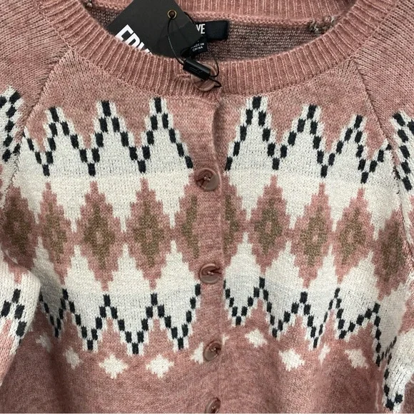 FRYE Argyle Nordic Fair Isle Button Up Cardigan Mauve Small Oversized Preppy SM - Picture 2 of 5